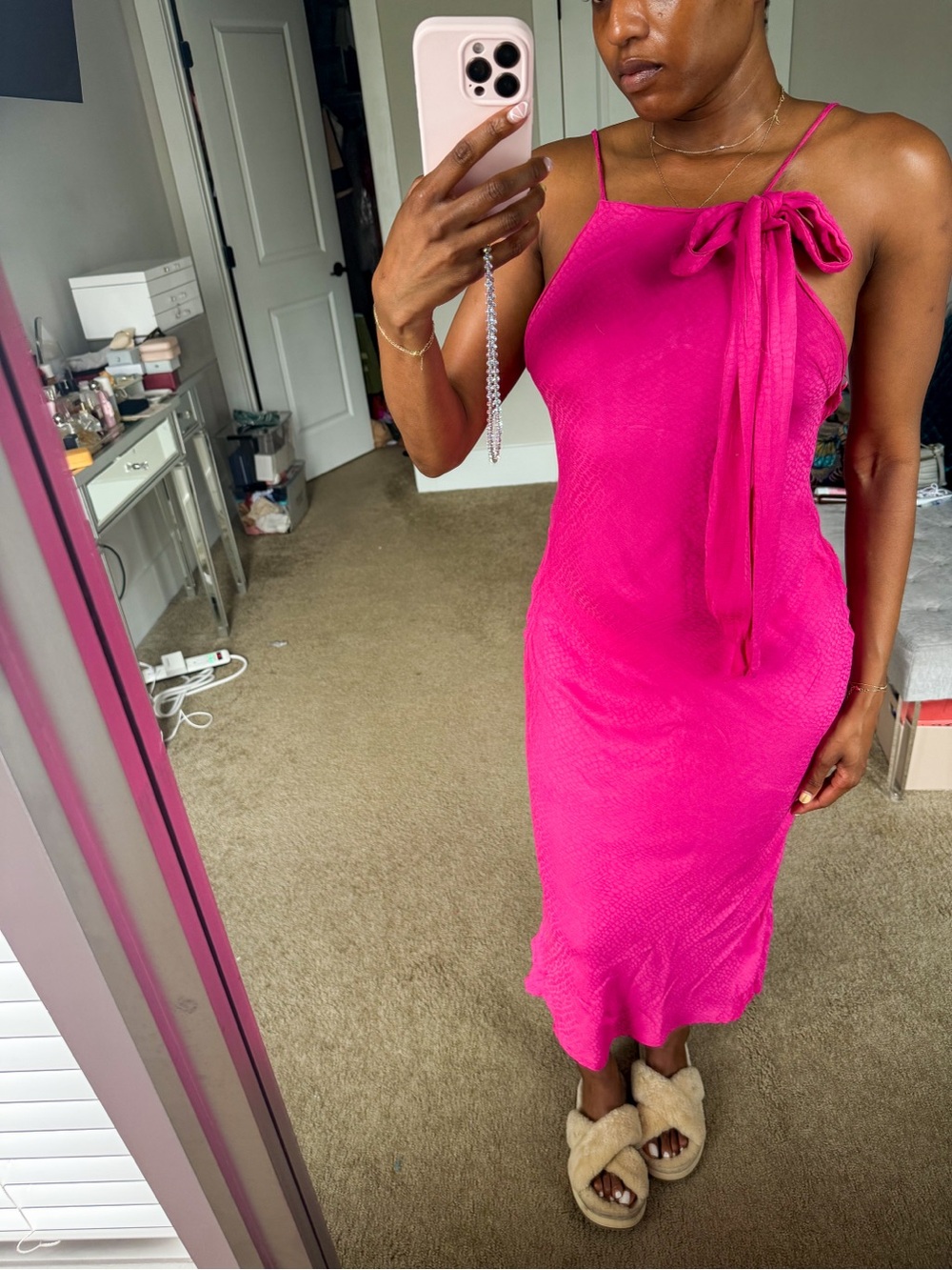Hot Pink Slip Midi Dress with Tie Detail and open back